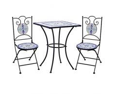Festnight Set Bistrò 3 pz con Mosaico, Tavolo E Sedie Da Giardino, Tavolo Da Giardino Con Sedie, Salottino Da Giardino Esterno, in Ceramica Blu e Bianco