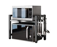Pkouocry Mensola Microonde Estensibile 40-65 cm, Regolabile Due Livelli Microonde Scaffale, Acciaio Carbonio Ripiano Contatore Cucina Organizzatore Ripiani, 4 Ganci, Carico Pesante 60lbs