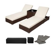 TecTake 2x LETTINO ALLUMINIO POLY RATTAN + TAVOLO SET GIARDINO SDRAIO PRENDISOLE SEDIA + involucro protettivo + 2 federe - disponibile in diversi colori - (Marrone Antico | No. 401818)