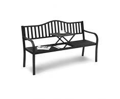 GYMAX Panchina da Esterno in Metallo, Panca Elegante con Schienale, Braccioli Curvi e Tavolino Estensibile, Ideale per Giardino, Cortile e Terrazzo, 150 x 59 x 91 cm, con Portata di 228 kg, Nero