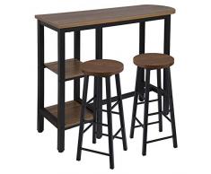 WOLTU Tavolo con 2 Sgabelli da Bar Casa Set Arredo di Bancone Alto in Acciaio e Legno Faggio Scuro BT31dc+BH130dc-2