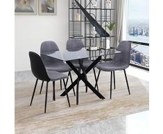 GOLDFAN Tavolo e 4 sedie tavolo da pranzo in vetro tavolo rettangolare tavolo cucina soggiorno tavolo in vetro sedia in tessuto, grigio