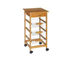 BAKAJI Carrello Cucina in Legno con 3 Cestelli in Acciaio 4 Ruote e Cassetto, 37 x 37 x 70 cm, Unica