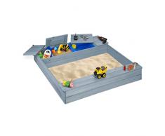 Relaxdays Sabbiera per Bambini, con Scomparti, Sandbox in Legno, Panchina, Vaschette per Giocare, 18x125x120 cm, Grigio
