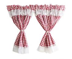 A.Monamour Tenda Corta per Finestra Piccola Opaco Quadretti Rossi Bianchi Di Cotone Con Pizzo Voile Bianco Tendina Tenda da Cucina Bistrot Caffè Mezza Tenda Mantovana Tenda a Vetro Tenda a Pannello