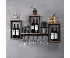 Scaffale da parete per vino con supporto per bicchieri di vino, in metallo e legno, scaffale pensile per bottiglie di champagne rustico, per cucina, sala da pranzo, bar, soggiorno e cucina