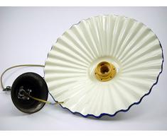 Lampadario ottone brunito stelo a catenella sospensione una luce stile liberty con piatto ceramica bordato blu l1033 Misure:H 74cm,Ø piatto 29cm.Le misure sono con piatto.Attacco Edison E 27