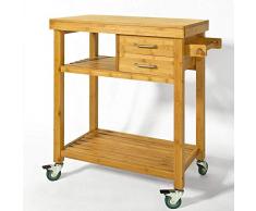 BAKAJI Carrello da Cucina in Legno di bambù con Ripiano Tagliere 2 Cassetti Portaposate 2 Ripiani Porta stoviglie e 4 Ruote Girevoli Carrello da Portata Portavivande Casa Colore Bamboo Naturale