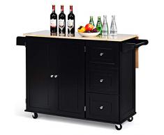 RELAX4LIFE Carrello da Cucina Grande, Carrello Portaoggetti con Ruote Scorrevoli con Freni a Pedali, Carrello di Servizio in Legno Verniciato con Armadietto e Cassetti Capienti, Nero, 136 x 76 x 91 cm