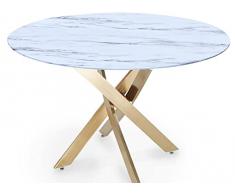Deco In Paris Tavolo da pranzo rotondo Design Vetro marmorizzato e Piedi dorati 4 Persone Melissa, Bianco, 120x120x75x120