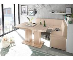 MyStyleWood Panchina angolare Olga color crema con tavolo a colonna, in legno di quercia, con seduta imbottita, in ecopelle, facile da pulire, stabile, 168 x 128R