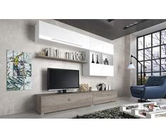 Parete Attrezzata Bangui Mobile TV in Legno per Soggiorno con Vetrine, Mensola, Mobili Sospesi e 2 Basi Porta TV Salotto Sala da Pranzo 270 X 210 X 50 Cm Bianco Lucido Laccato e Marrone