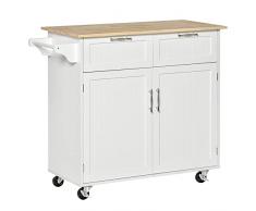 homcom Carrello da Cucina Multiuso in Legno, Mobile da Cucina Salvaspazio con 2 Cassetti, Armadietto e 4 Ruote, 104x46x91cm, Bianco
