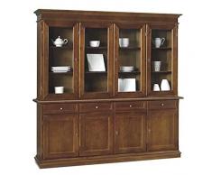 Mar.c.a. Design - Vetrina Soggiorno Elegante in Legno di Pioppo, Cristalliera Color Noce Scuro con Alzata e Base - Mobile Soggiorno a 4 Porte, Arte Povera Made in Italy - Mis. 205x42x205h