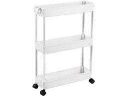 SPACEKEEPER Carrello portaoggetti a 3 Piani, Scaffale con Ruote, Carrellino Salvaspazio per Cucina Bagno Lavanderia Sedili Stretti, 40x13x61cm, Bianco