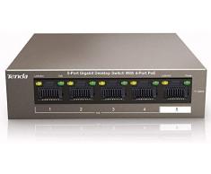 Tenda Switch PoE 5 Porte Gigabit 10/100/1000 Mbps, 4 Porte PoE+ Fino a 63W, Desktop/Parete, Switch PoE+ Fino a 30 W per Porta, Un Vlan Chiave, IEEE 802.3af/at, Metallo, TEG1105P-4-63W