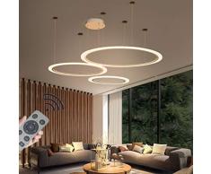 JIAODIE Lampada A Sospensione A LED Hanging Luce A Cerchio Creativo Lampade A Soffitto Dimmerabili con Telecomando Regolabile in Altezza Camera da Letto Soggiorno Lampadari,Bianca,3ring40+60+80cm