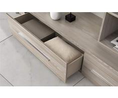 Dafnedesign.com – Parete componibile per soggiorno - Colore: olmo e bianco lucido - Soggiorno con vetrina a sinistra. Pensile quadrato a 4 ante con apertura a pressione e ripiani interni mobili, vano porta tv, vetrinetta e base