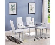 GOLDFAN - Tavolo da pranzo in vetro con 4 sedie bianche e 4 sedie