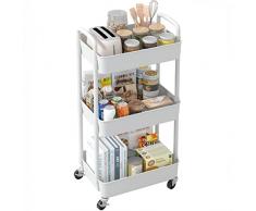 Sywhitta - Carrello in plastica a 3 scomparti, multifunzionale, per ufficio, soggiorno, cucina, contenitore mobile con ruote, colore bianco
