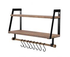 Vencipo Mensole da Muro a 2 Piani con 8 Ganci Rimovibili Organizer per Accessori Cucina, Le Mensola per Accessori Bagno con Porta Asciugamani in Legno.