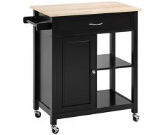 homcom Carrello da Cucina in Legno con Cassetto, Armadietto e Ripiani, Carrellino Portavivande con Ruote, 83x45x88cm, Nero