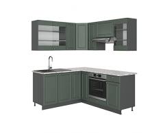 Vicco mobile cucina ad angolo cucina componibile Fame-Line country house 190 cm cassettiera base lavello base angolo cucina pensile vetro pensile (antracite-verde-oro)