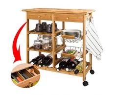 BAKAJI Carrello da Cucina in Legno di bambù con Ripiano Tagliere Cassetti Portaposate Porta Capsule caffè Portabottiglie Ceste Portafrutta in Metallo Mensole Estraibili e 4 Ruote Girevoli