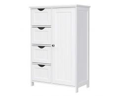 VASAGLE Armadietto Autoportante da Bagno, Mobiletto in Legno con 4 Cassetti e un’Anta, Ripiano Regolabile, per Soggiorno, Cucina, Corridoio, Bianco LHC41W