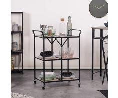 FURNITURE-R France - Carrello di Servizio a 3 Livelli, Stile Vintage, Pieghevole, Rustico, scaffale Robusto, con ripiano in Legno, Ruote, per Cucina e Soggiorno