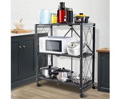 Carrelli da portata Pieghevole, Carrello di Servizio del Bagno della Camera da Letto della Cucina, scaffale di stoccaggio Pratico Multifunzionale del Ferro 3-Tier Bianco/Nero /71 * 38 * 86cm