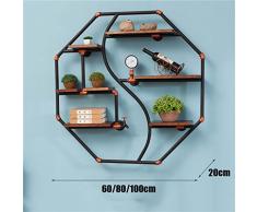 Scaffale in soggiorno Cucina camera da letto Retro Loft Polygon Mensola a muro in legno e ferro Materiale metallico con tubazione dell'acqua e metro per soggiorno Camera da letto utilizzata per scaffale espositore per scaffali