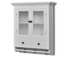 Tidyard Pensile da Muro Cucina in Legno Bianco con Vetrina Cassetti e Ganci,Armadietto da Parete a Muro Bianco Moderno con Vetrina e Ganci,Appendiabiti da Parete Bianco Moderno 59x22,5x74 cm