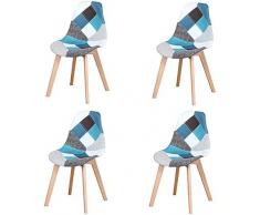 HJhomeheart Set di 4 Sedie da Pranzo, Sedia da Pranzo Patchwork Multicolore, Sedia in Tessuto con Gambe in Legno Massello per Sala da Pranzo, Soggiorno (Blu)