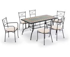 Gruppo Maruccia - Tavolo e Sedie da Giardino con Mosaico Artigianale in Ceramica - 1 Tavolo Rettangolare - 2 Poltrone e 4 Sedie con Cuscini