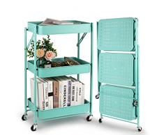 Todeco Carrello Portaoggetti Pieghevole a 3 Ripiani, Carrello Cucina, Carrello Mobile in Metallo con Ruote, 46 x 29 x 78 cm, per Cucina Trucco Bagno Ufficio (Verde)