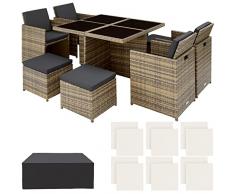 TecTake 800857 Set di Mobili da Giardino, Resistente Rattan Sintetico, Alluminio Arredamento, Set 4 Sedie +Tavolo +4 Sgabelli, Involucro Protettivo (Naturale)