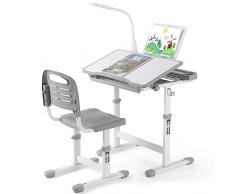 AOOU Sedia da scrivania per bambini con lampada, scrivania regolabile in altezza, set da scrivania per ragazzi reclinabile con sedia, piano dappoggio, cassetto, leggio per bambini(grigio)