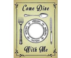 Viene Dine Con Me, tavolo layout, piastra, cucchiaio, coltello e forcella. Vintage posate set. Vecchio firmare per da cucina, ristorante, caffè, pub, casa. Metallo/Targa Da Parete In Acciaio - 15 x 20 cm