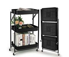 Todeco Carrello Portaoggetti Pieghevole a 3 Ripiani, Carrello Cucina, Carrello Mobile in Metallo con Ruote, 46 x 29 x 78 cm, per Cucina Trucco Bagno Ufficio (Nero)
