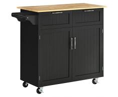 homcom Carrello da Cucina Multiuso in Legno con 2 Cassetti, Armadietto e 4 Ruote, 104x46x91cm, Nero