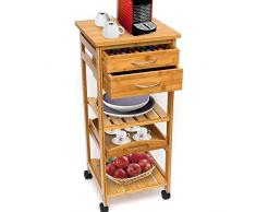 Bakaji Carrello Cucina in legno di Bambù con Ripiano Top Solido tagliere utile per appoggio Macchina da caffè, Tavolino cucina da servizio in Bamboo 4 ruote girevoli, con Vassoio estraibile, 3 Ripiani e 2 Cassetti Portacapsule o Portaposate