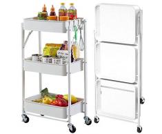 KYL 3 Piani Pieghevole Scaffale Portaoggetti Carrello Portavivande su Ruote, con 2 Ruote Bloccabili Installazione Gratuita Carrellino per Camera da Letto Cucina Ufficio