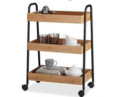 BAKAJI Carrello Trolley Cucina in Metallo con 3 Ripiani in legno e 4 Ruote girevoli a 360 Gradi con Freno Trolley Salvaspazio Arredamento Casa Cucina Dimensione 49 x 70 x 28 cm Design Moderno (Nero)