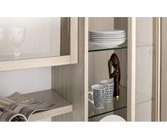 Dafnedesign.com – Parete componibile per soggiorno - Colore: olmo e bianco lucido - Soggiorno con vetrina a destra. Pensile quadrato a 4 ante con apertura a pressione e ripiani interni mobili, vano porta tv, vetrinetta e base