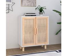 Homgoday Credenza Bianca 60x30x70 cm Legno Massello Pino Rattan Naturale, Salvaspazio Armadietto da Esterno, Mobili Esterno Balcone per Soggiorno, Ufficio, Camera da Letto, Bagno