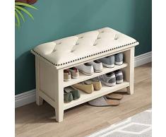 Scarpiera Panca portaoggetti in legno massello Ingresso,Scarpiera a 3 livelli con sedile imbottito in pelle,Panca per scarpe da ingresso,Organizer per scarpe vintage(60x35x45cm(24x14x18inch), White)