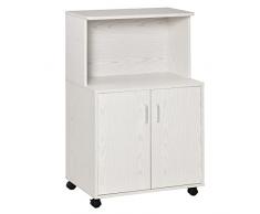 homcom Mobile Cucina Multiuso con Ruote, Armadietto e Ripiano per Microonde, Credenza Alta in Legno Truciolare, 60.4x40.3x97cm Bianco