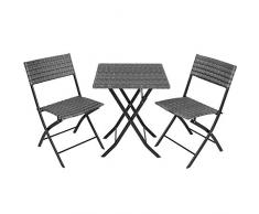 TecTake 800700 Set di Mobili in Rattan, 2 Sedie 1 Tavolo, Ripiegabile, con Protezione dai Raggi UV, Giardino Terrazza Balcone - Disponibile in Diversi Colori (Grigio | No. 403197)