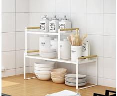 Set di 2 scaffali da cucina, portaspezie, ferro e manico in legno, adatti per casa, cucina e armadietto da cucina, ripiano bianco (35 x 21 x 20)+(53 x 21 x 20)